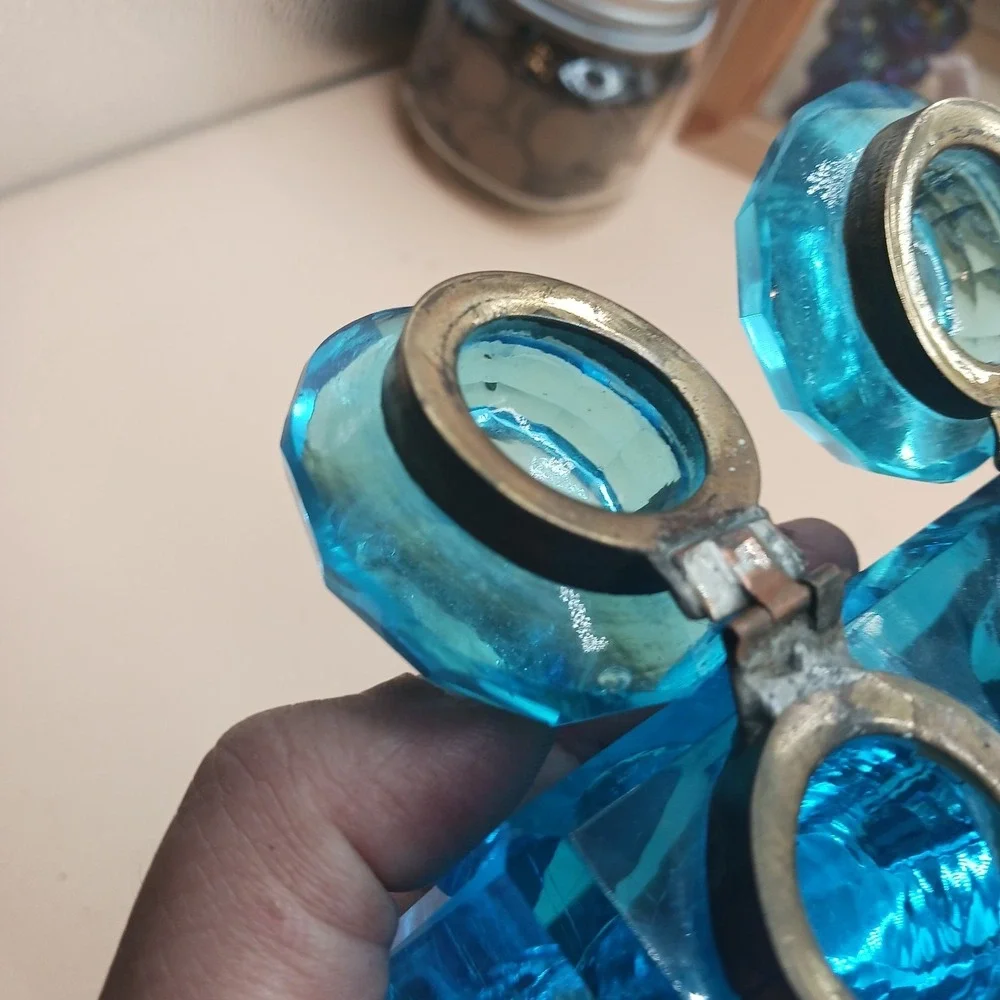 Antique Peacock Blue Glass DOUBLE Inkwell, Late 19th Century Victorian Desk
